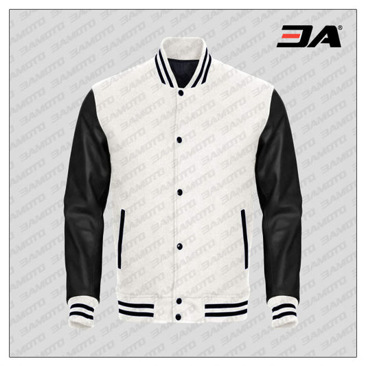 Black Faux Leather Sleeves White Wool Varsity Jacket - Fashion Leather Jackets USA - 3AMOTO