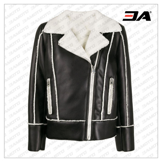 Black Fur Trimmed Zip-up Biker Jacket - Fashion Leather Jackets USA - 3AMOTO