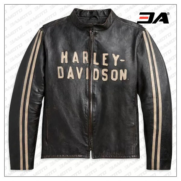 Black Harley Davidson Sleeve Stripe Leather Jacket