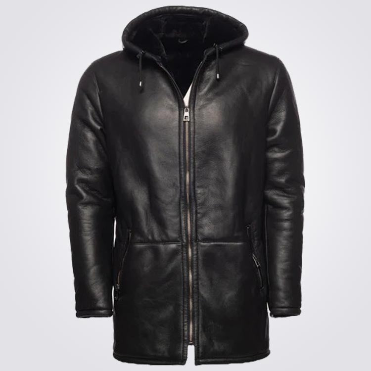 Black Hooded Shearling Coat For Men