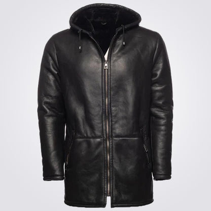 Black Hooded Shearling Coat For Men