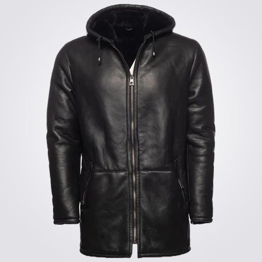 Black Hooded Shearling Coat For Men - 3amoto shop