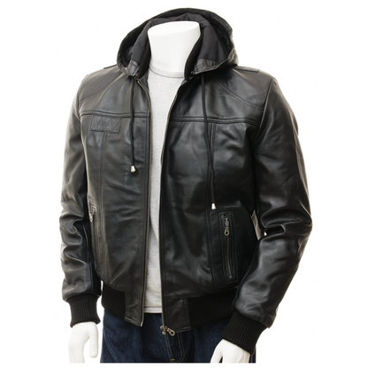 Black Hoodie Bomber Style Leather Jacket