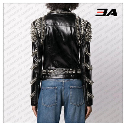 Black Lambskin Perfecto Spike-Stud Biker Jacket - 3A MOTO LEATHER