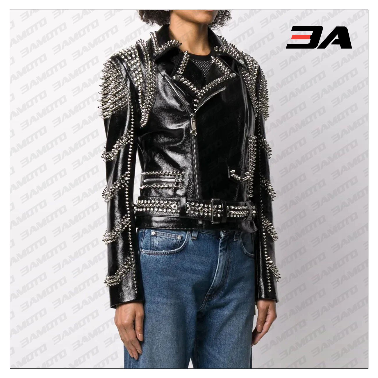 Black Lambskin Perfecto Spike-Stud Biker Jacket - 3A MOTO LEATHER