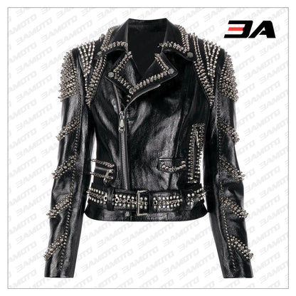 Black Lambskin Perfecto Spike-Stud Biker Jacket - 3A MOTO LEATHER