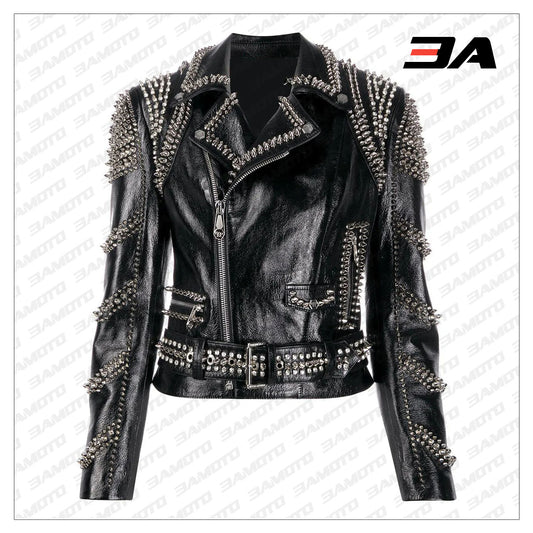 Black Lambskin Perfecto Spike-Stud Biker Jacket - 3A MOTO LEATHER - 3amoto shop