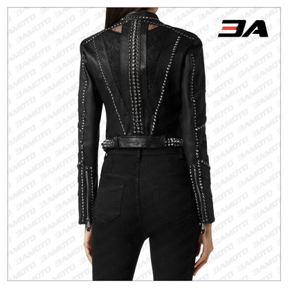 Black Lambskin Spike-Studded Biker Jacket - 3A MOTO LEATHER