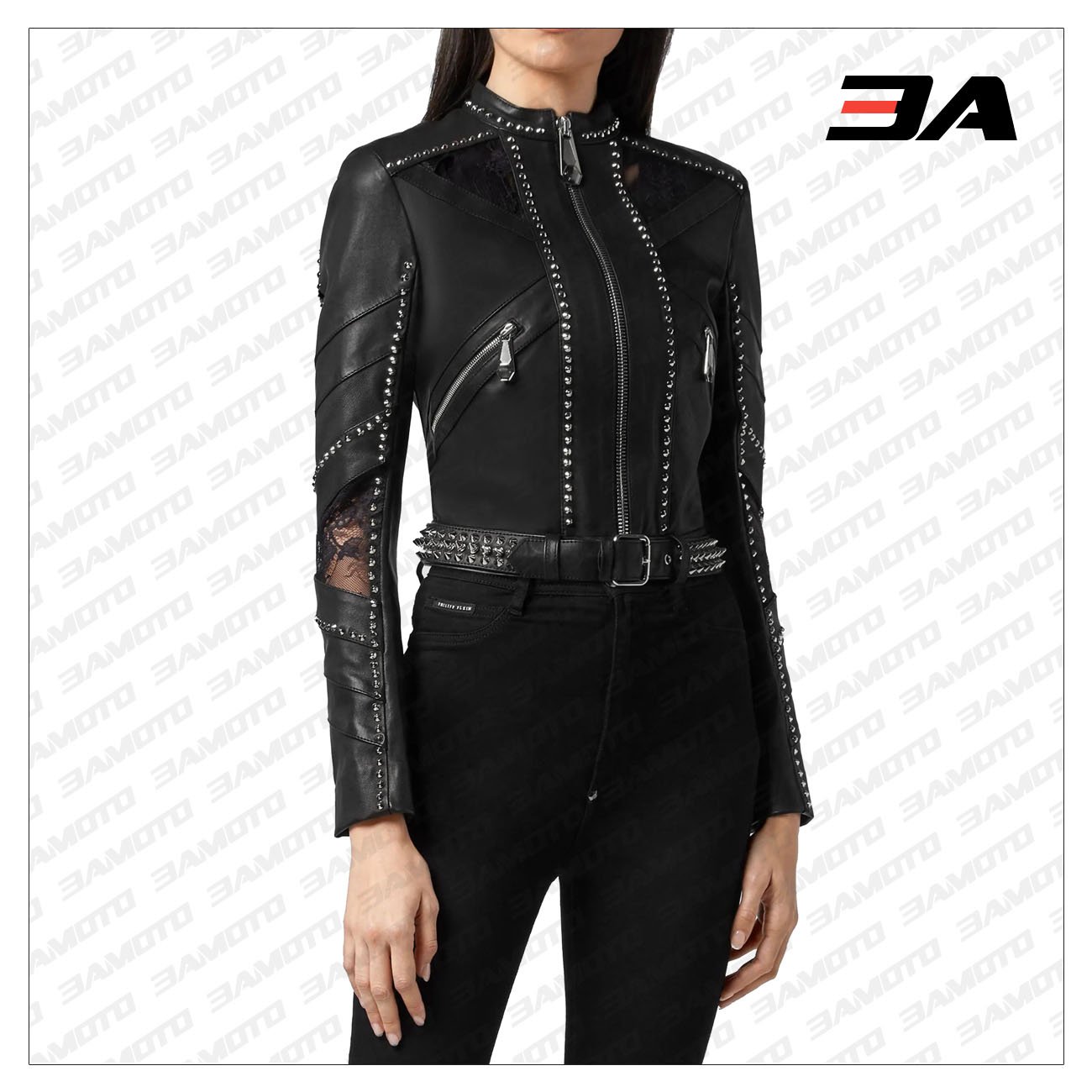 Black Lambskin Spike-Studded Biker Jacket - 3A MOTO LEATHER