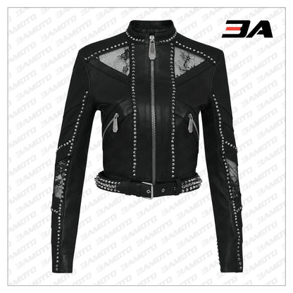 Black Lambskin Spike-Studded Biker Jacket - 3A MOTO LEATHER