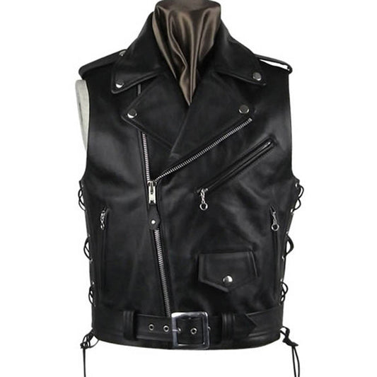 black leather biker vest for men - 3amoto shop