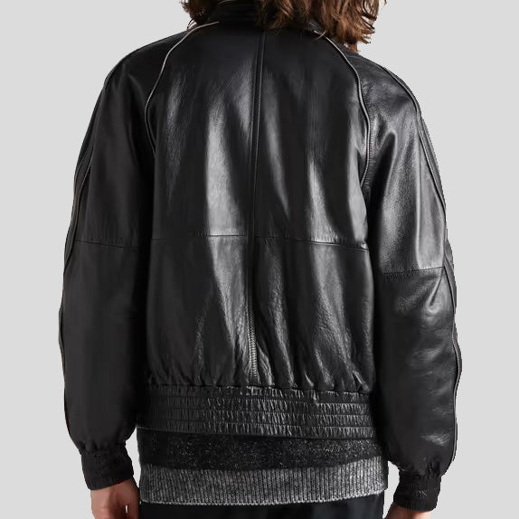 black leather bomber jacket