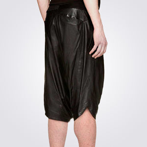 black leather drop crotch shorts