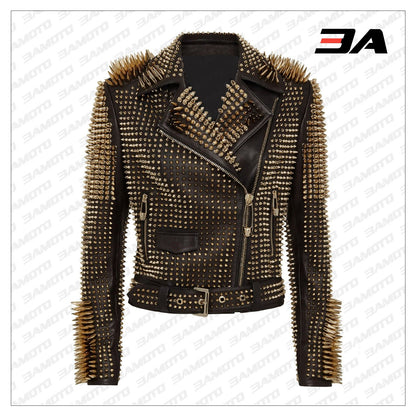 Black Leather Golden Spike Studded Punk Style Biker Jacket - 3A MOTO LEATHER