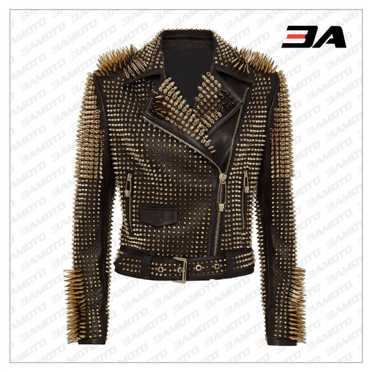 Black Leather Golden Spike Studded Punk Style Biker Jacket - 3A MOTO LEATHER - 3amoto shop