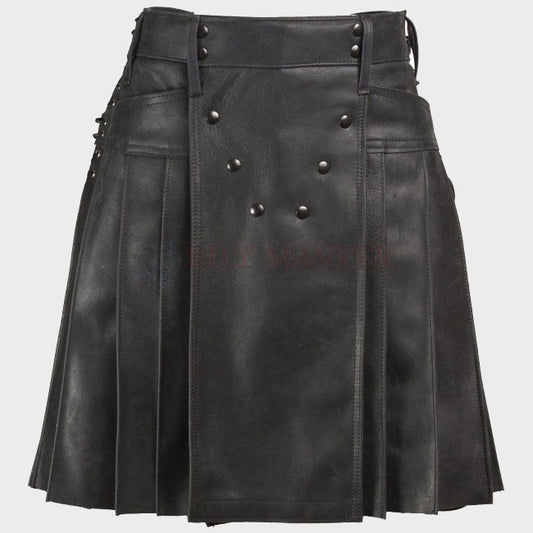 Black Leather Plated Kilt - 3amoto shop