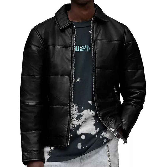 Black Leather Puffer Jacket - 3amoto shop