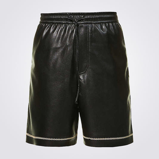 Black Leather Shorts With Contrast Stitching - 3amoto shop