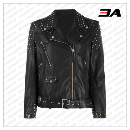 Black Leather Silver Studded Biker Jacket - 3A MOTO LEATHER