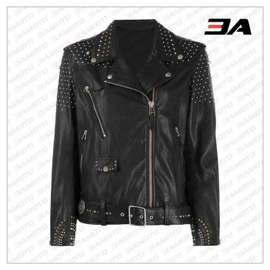 Black Leather Silver Studded Biker Jacket - 3A MOTO LEATHER - 3amoto shop