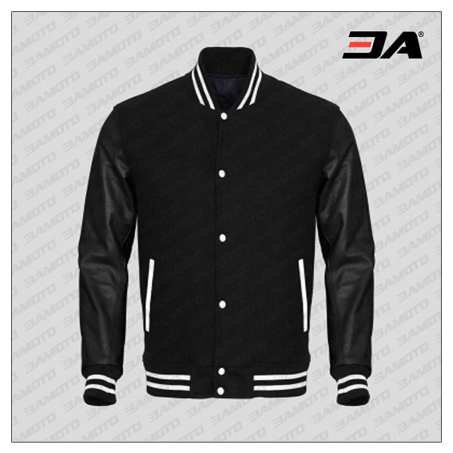 ZAPRIS Men's Multi-Patch Black Wool & Leather Sleeves VARSITY  JACKET Size 'L'