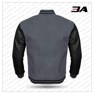 Black Leather Sleeves Gray Wool Letterman Jacket