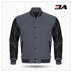 Black Leather Sleeves Gray Wool Varsity Jacket