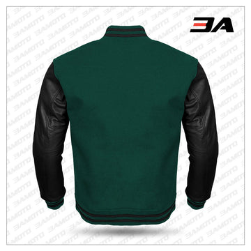 White Faux Leather Sleeves Green Wool Varsity Jacket