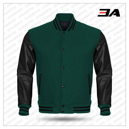 Black Leather Sleeves Green Wool Varsity Jacket by 3amoto