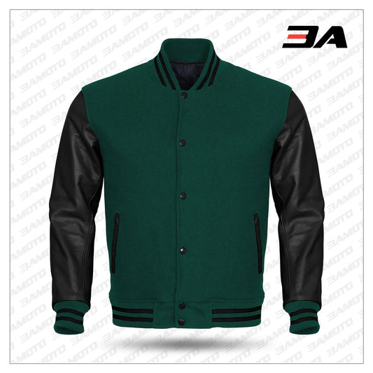 Black Leather Sleeves Green Wool Varsity Jacket by 3amoto - Fashion Leather Jackets USA - 3AMOTO