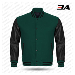 Black Leather Sleeves Green Wool Varsity Jacket