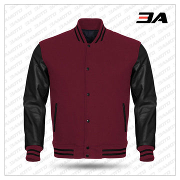 Varsity Baseball Letterman Bomber School College Black Wool & Genuine Cream  Leather Sleeves Zipper Jacket at  Men’s Clothing store