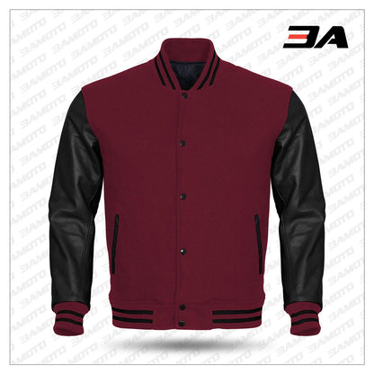 Black leather sleeves maroon varsity jacket made from wool for a classic and stylish look