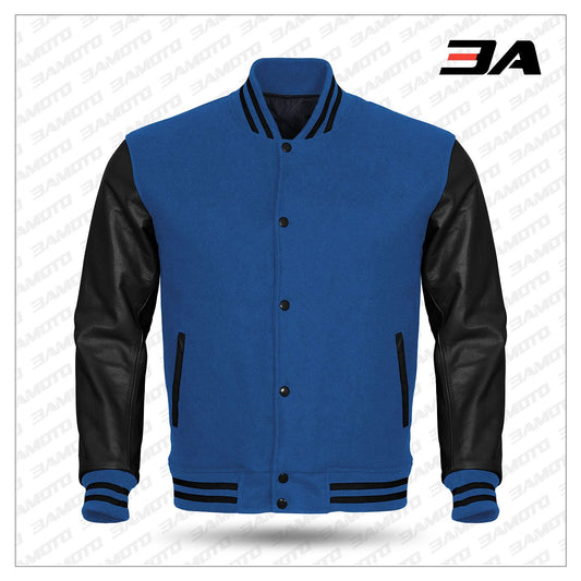 Black Leather Sleeves Blue Wool Varsity Jacket by 3amoto - Fashion Leather Jackets USA - 3AMOTO