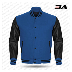 Black Leather Sleeves Blue Wool Letterman Jacket