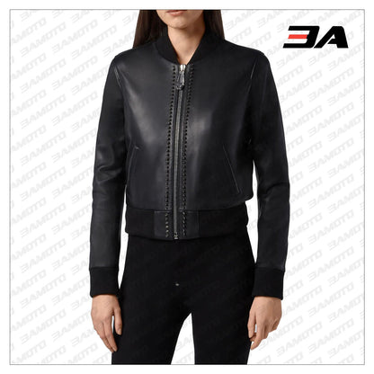 Black Leather Studded Bomber Jacket - 3A MOTO LEATHER