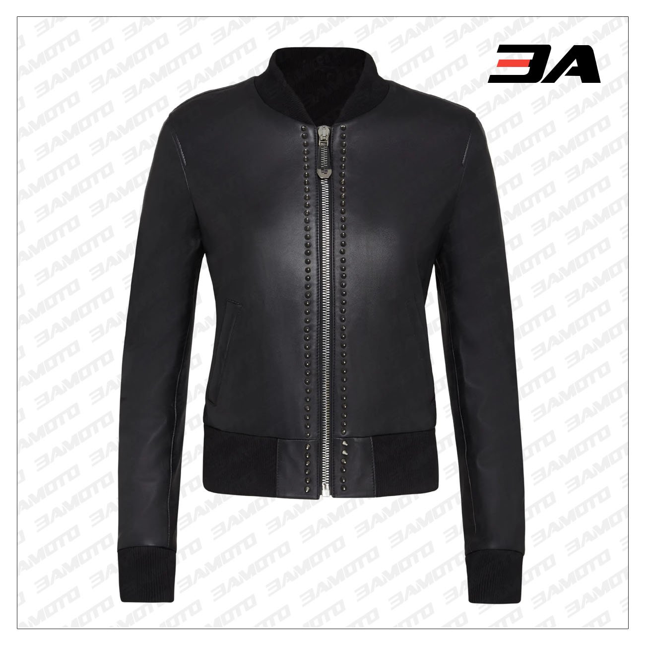 Black Leather Studded Bomber Jacket - 3A MOTO LEATHER