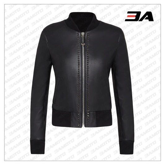 Black Leather Studded Bomber Jacket - 3A MOTO LEATHER - 3amoto shop