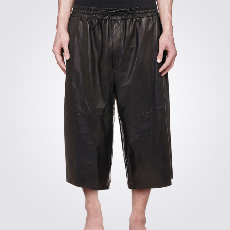 Black Leather Three-Quarter Shorts For Men