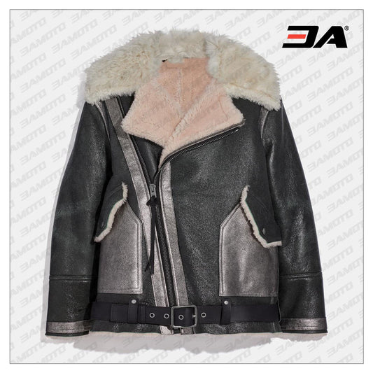 Black Oversized Shearling Aviator Fur Jacket - Fashion Leather Jackets USA - 3AMOTO
