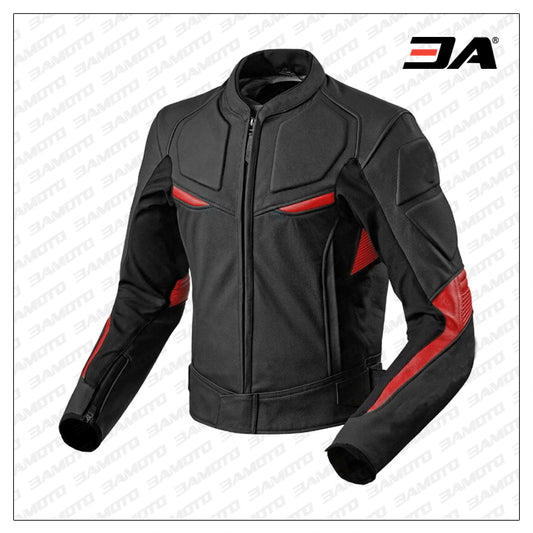 Black Red Motorcycle Front Zip Real Leather Safety Pad jacket - 3amoto shop