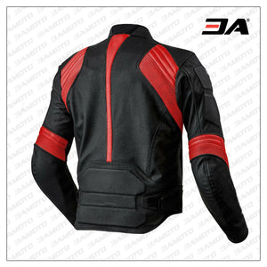 Black Red Motorcycle Front Zip Real Leather Safety Pad jacket