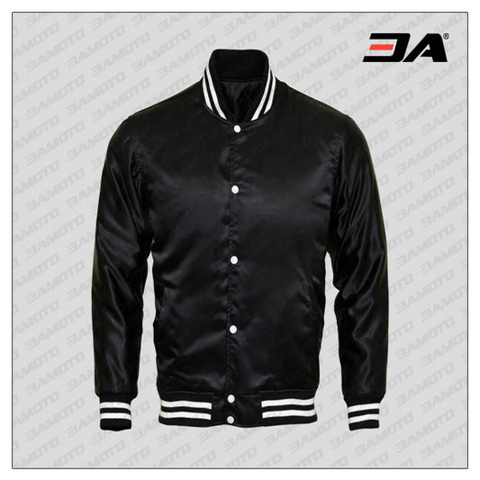 Black Satin Baseball Letterman Jacket - 3amoto shop