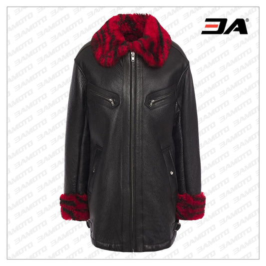 Black Shearling Trimmed Textured Leather Jacket - Fashion Leather Jackets USA - 3AMOTO