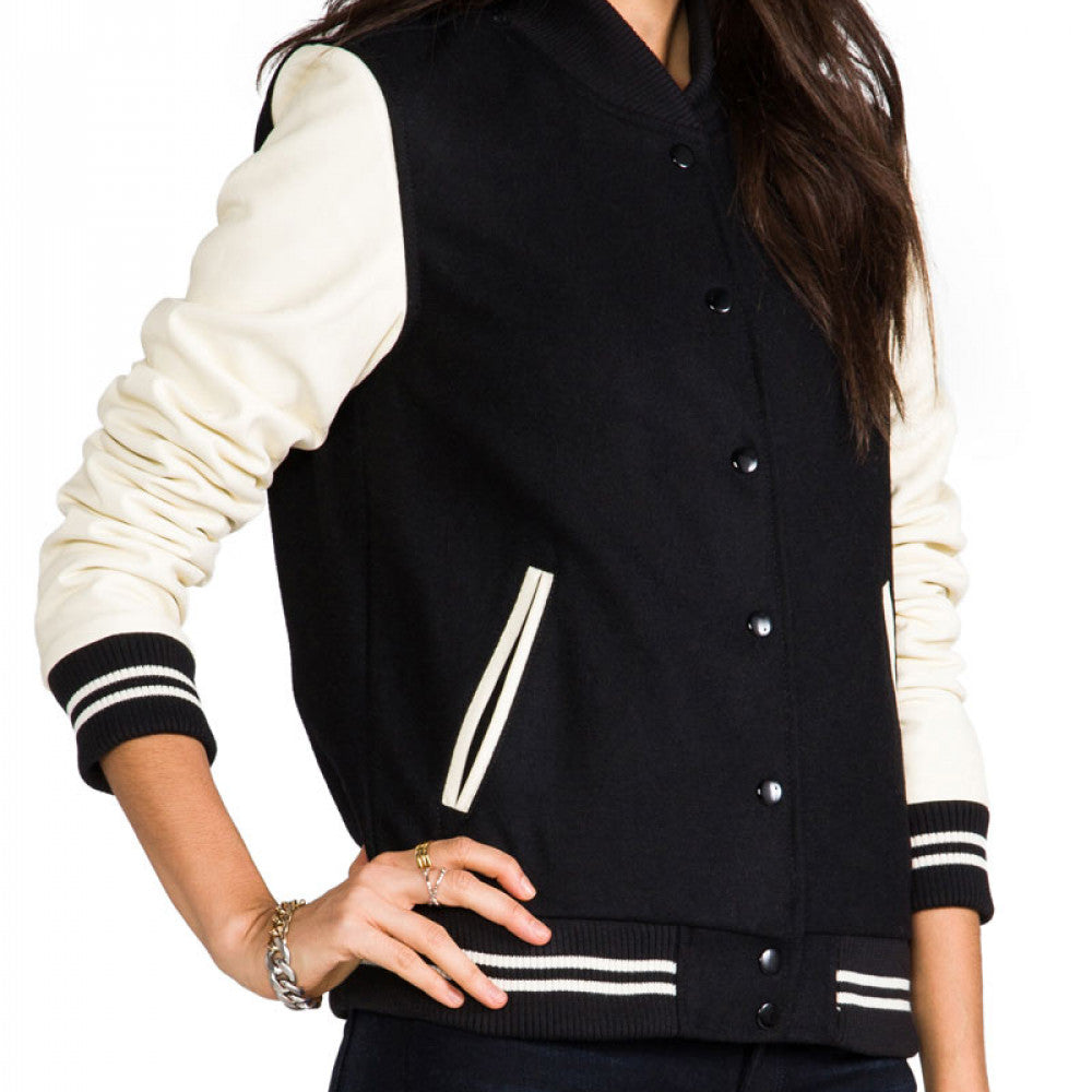 FAUX LEATHER AND WOOL-BLEND VARSITY JACKET - CREAMY WHITE