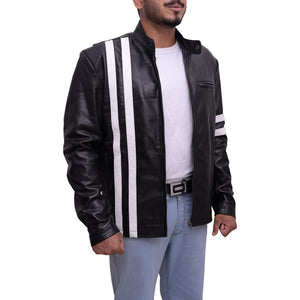black with white strips pure leather jacket