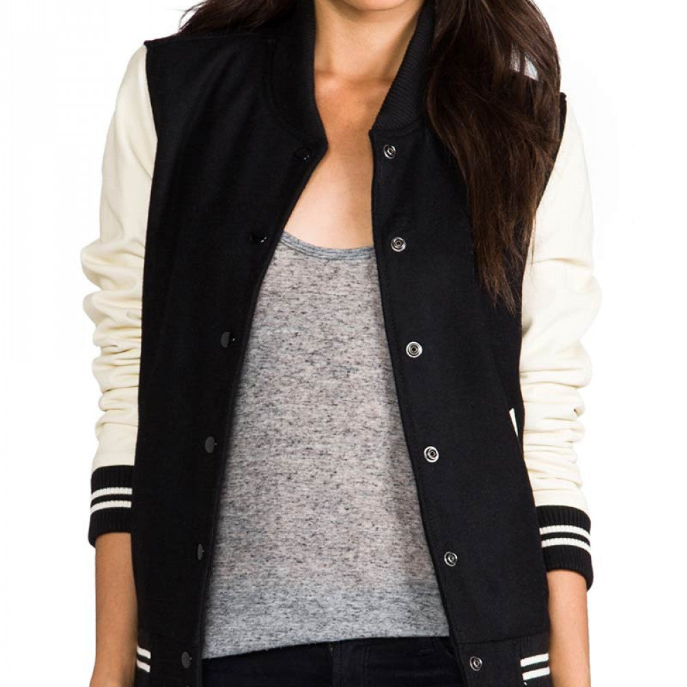 Black Womens Varsity Jacket With Cream Leather Sleeves