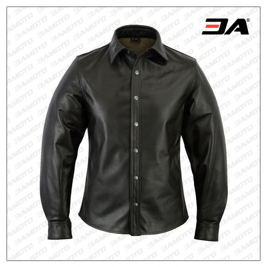 Black Leather Shirt Full Sleeves - 3amoto shop