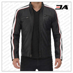 Mueller Black and White Stripe Leather Cafe Racer Jacket