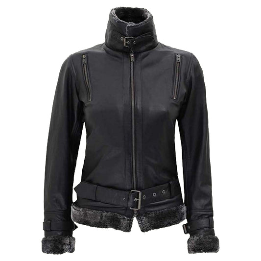 black belted shearling leather jacket womens - Fashion Leather Jackets USA - 3AMOTO